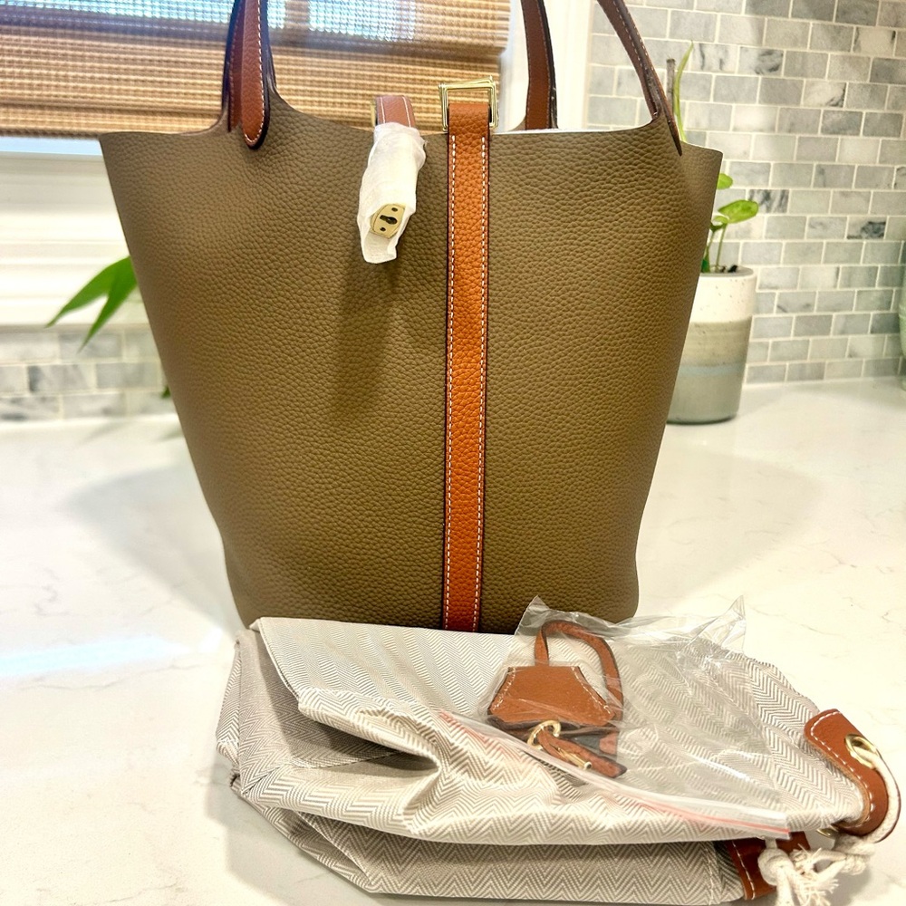 Mushroom Gray/Taupe and Tan Leather satchel Bag with Lock/Key